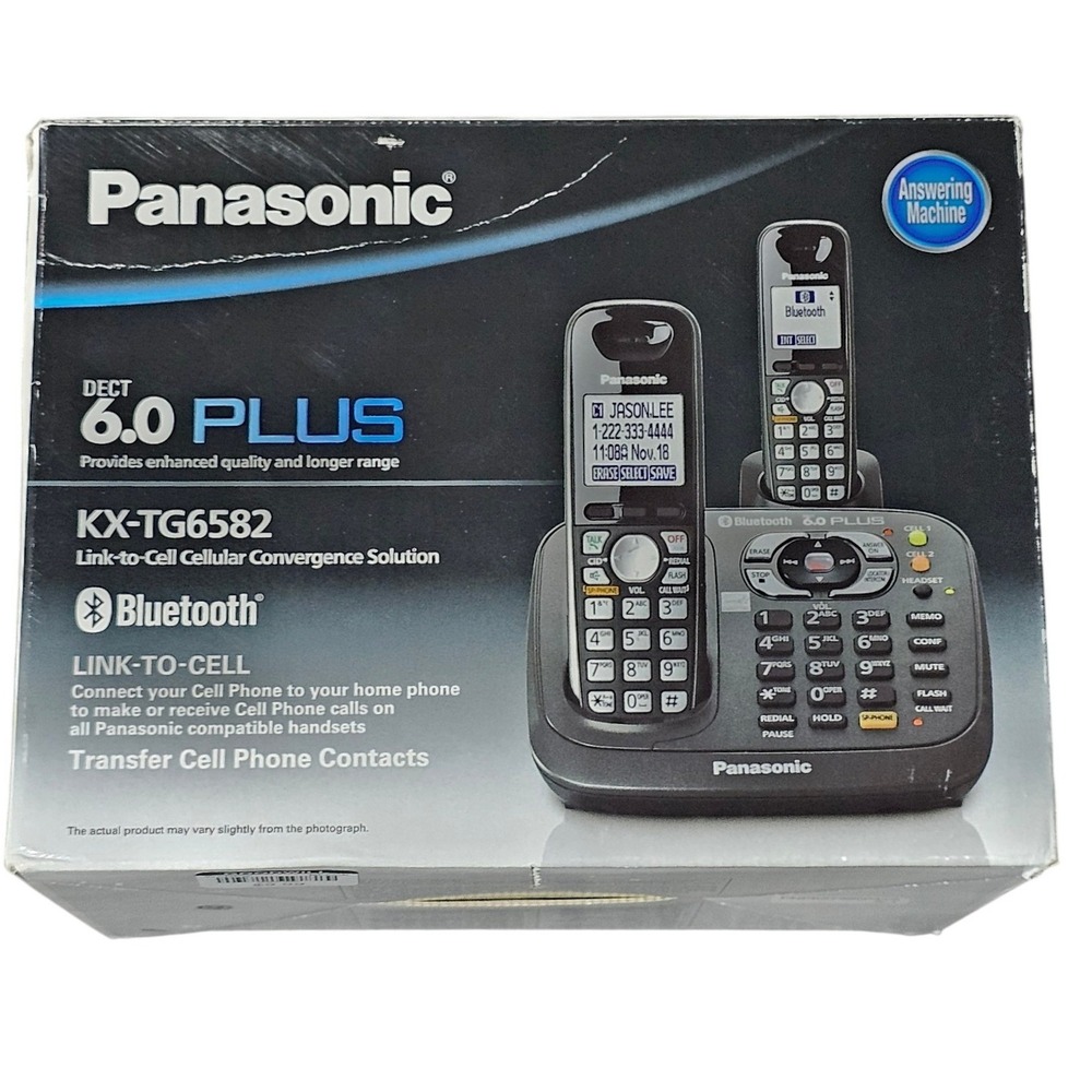 Panasonic KX-TG6582 Cordless Phone System 2 Handsets Black Metallic Bluetooth